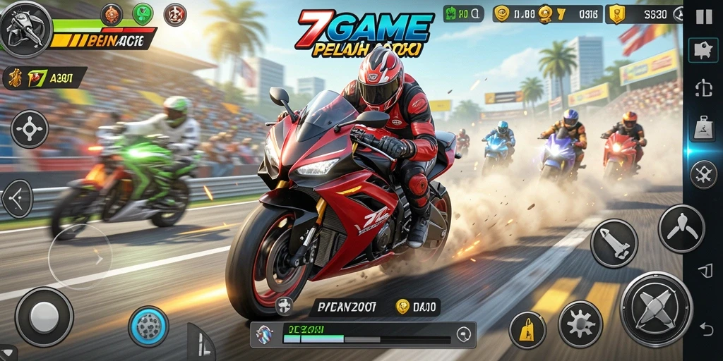 Tampilan gameplay menegangkan dari 7GAME saat balapan motor.