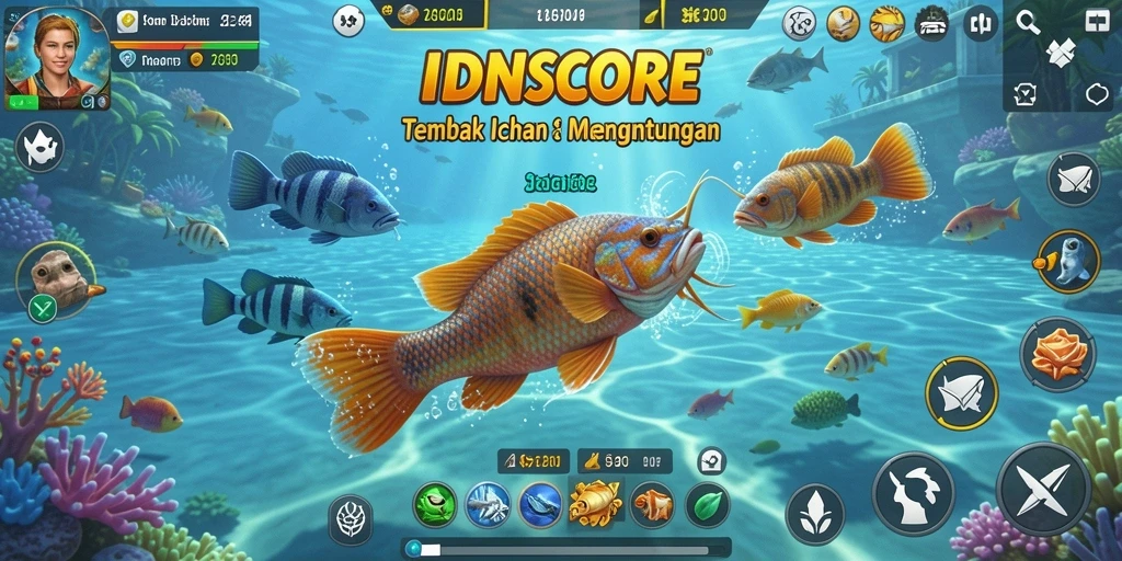 Tampilan gameplay seru IDNSCORE saat menangkap ikan di lautan.