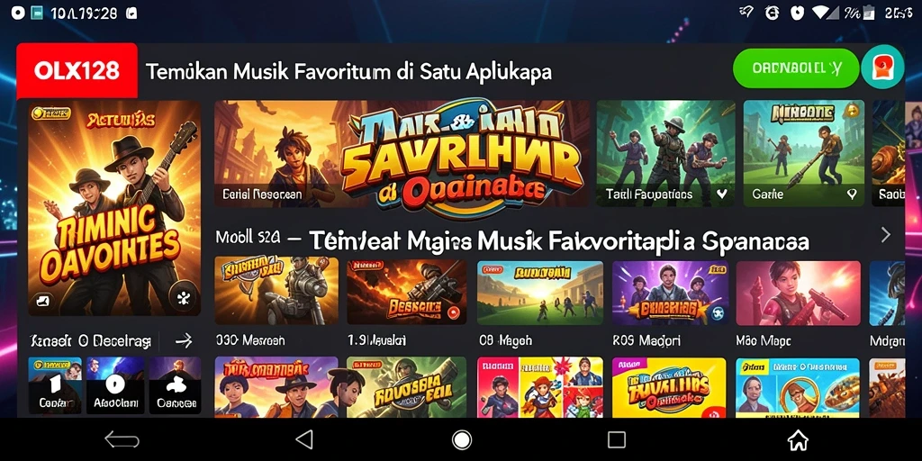Screenshot OLX128 menampilkan antarmuka pengguna yang menarik dengan pilihan lagu yang beragam.