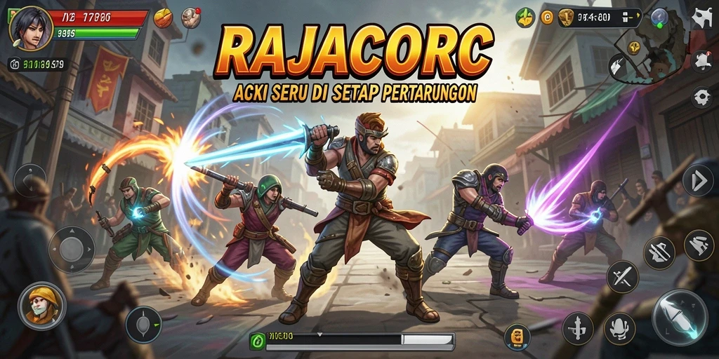 Screenshot utama RAJACORC menunjukkan pertarungan mendebarkan di arena aksi.