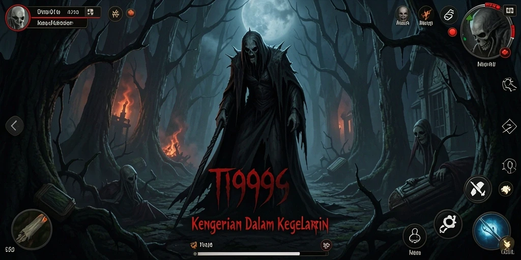 Screenshot gameplay T9999 menunjukkan suasana menyeramkan di dalam game.
