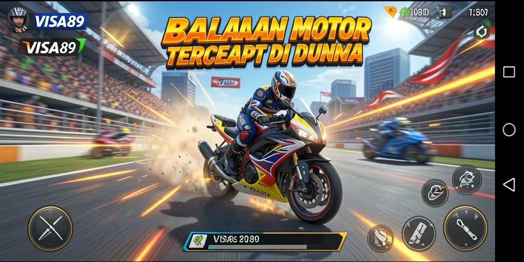 Screenshot gameplay <strong>VISA89</strong> menampilkan aksi balap motor yang intens.